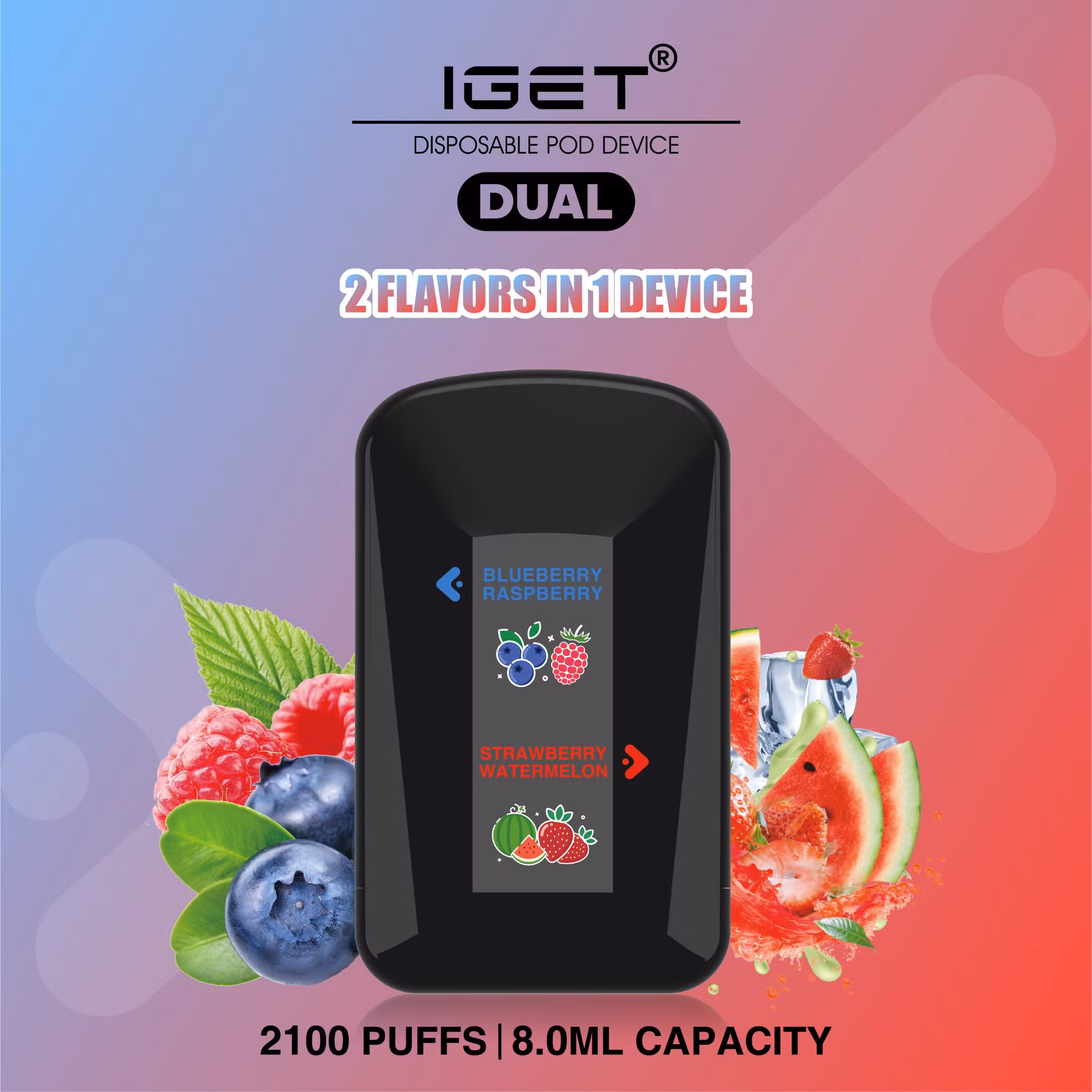 IGET DUAL 2 FLAVOURS IN 1 DEVICE BLUEBERRY RASPBERRY/ STRAWBERRY WATERMELON – 2100 PUFFS